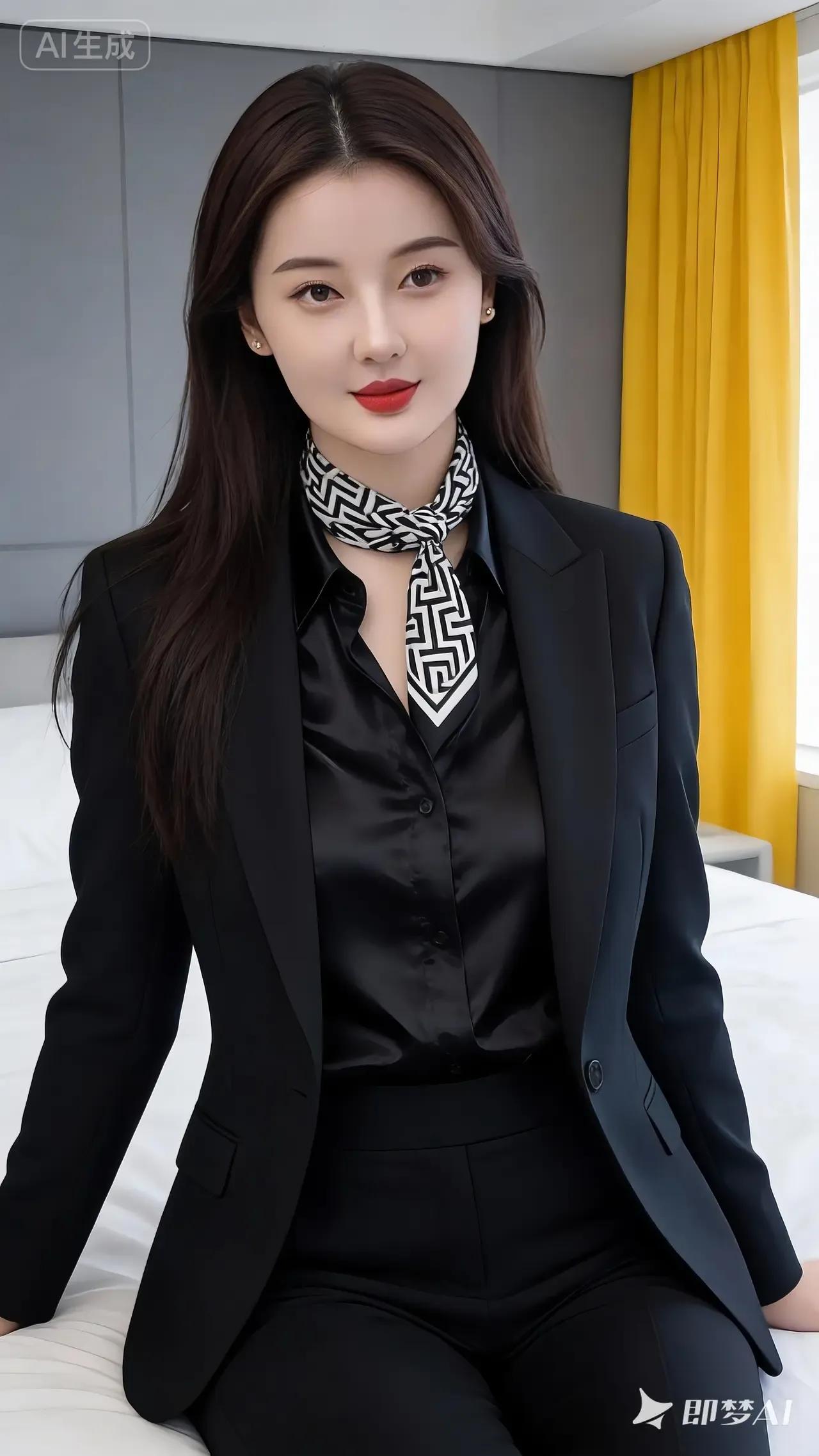 优雅黑西服搭配几何围巾，职场女性的时尚穿搭。