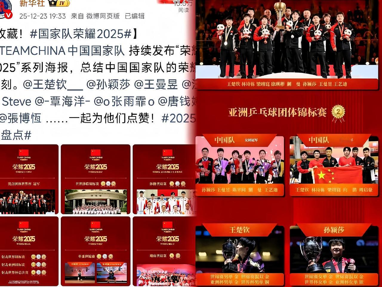 新华社发布了2025国家队荣耀总结，乒乓球高居榜首！莎头和楚钦带队的表现太亮