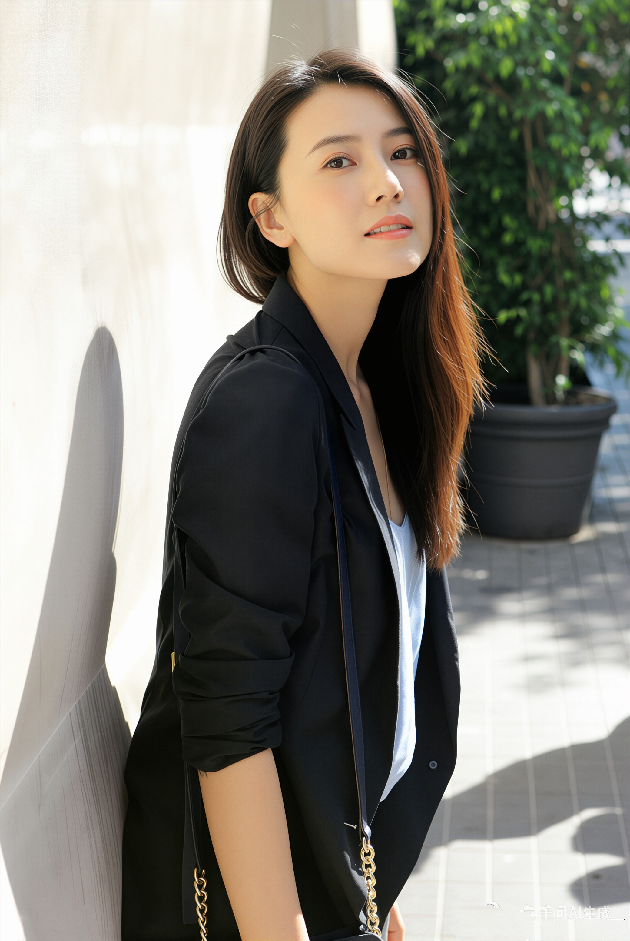 高圆圆气质干练又温柔，黑西装衬得整个人清爽利落，很像努力搞钱、认真生活的都市女