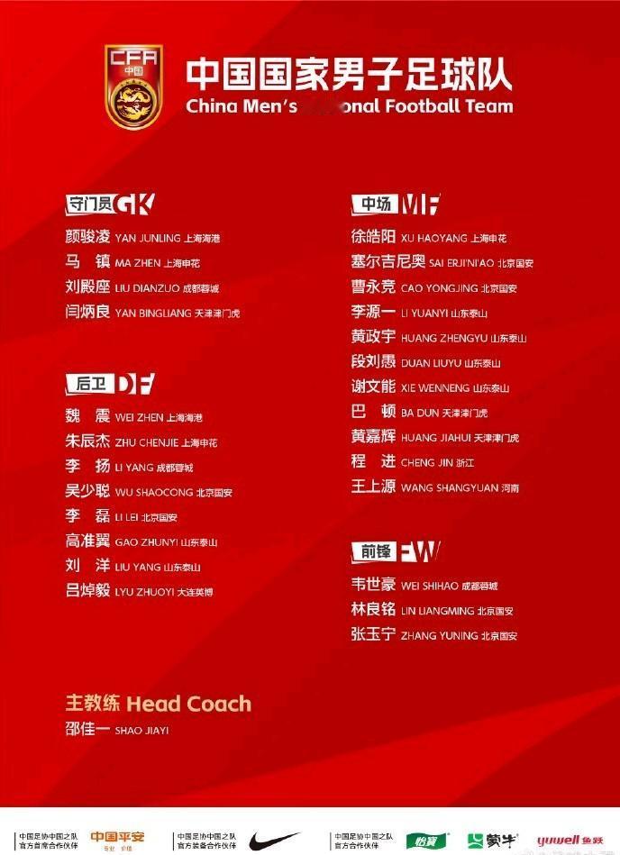 邵佳一第一期国足集训名单：泰山、国安六人入选，上海海港2人。于汉超进国足教练组。