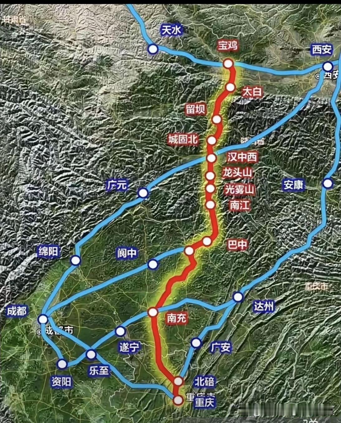 宝鸡至重庆高铁是纵向最直的线路，从银川至重庆走宝鸡同样也是最直的线路，由此可见