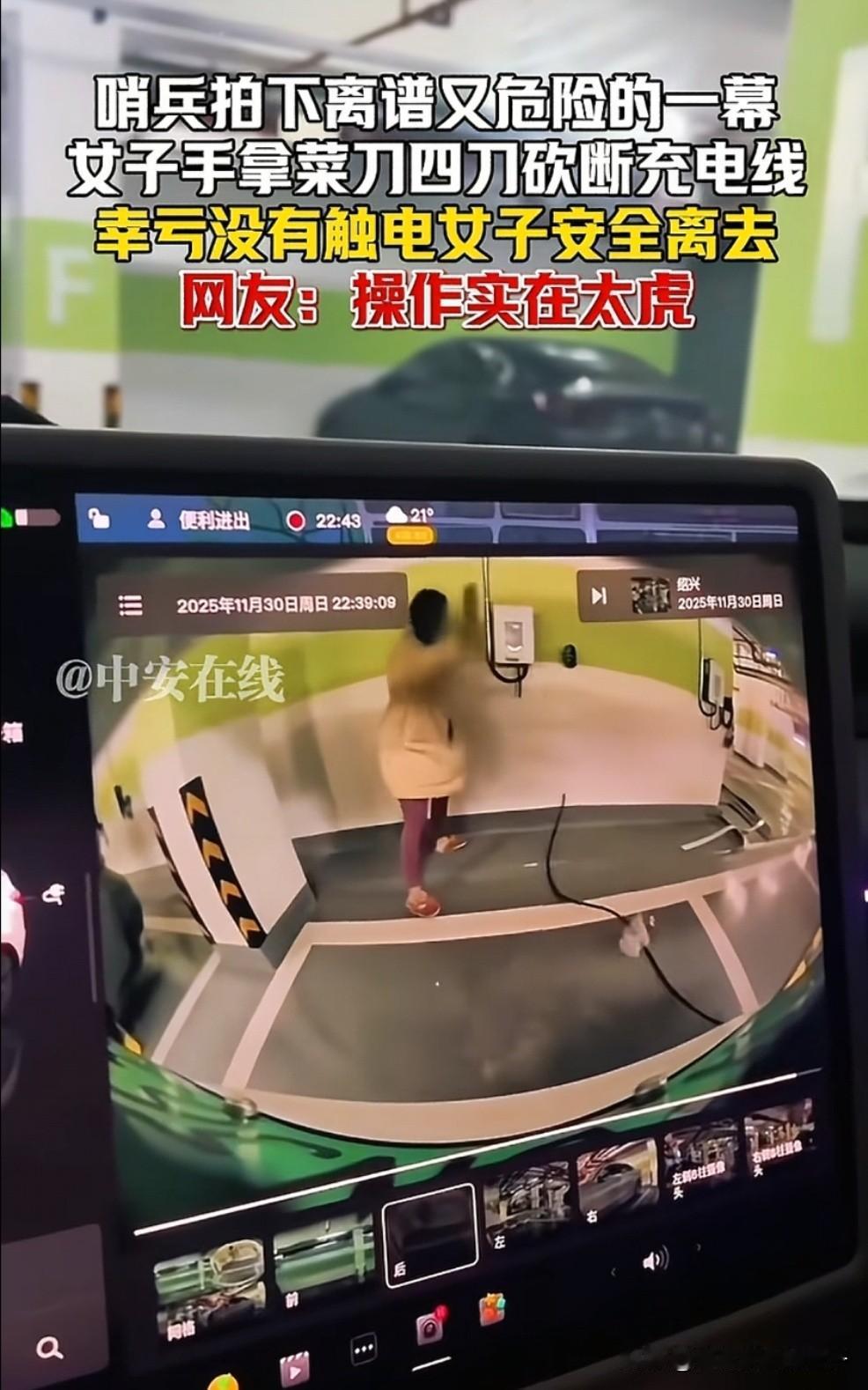 多蠢呐！浙江，一女子拿把菜刀走向停车场的充电桩，对着电线就是一顿砍，也许是车辆已