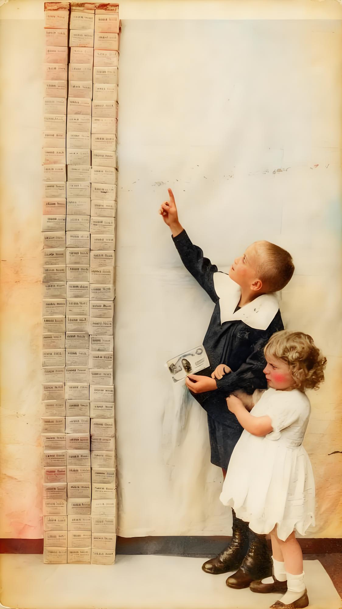 这张照片是德国魏玛时期恶性通货膨胀的又一荒诞写照，左侧，1000马克面值的纸马克