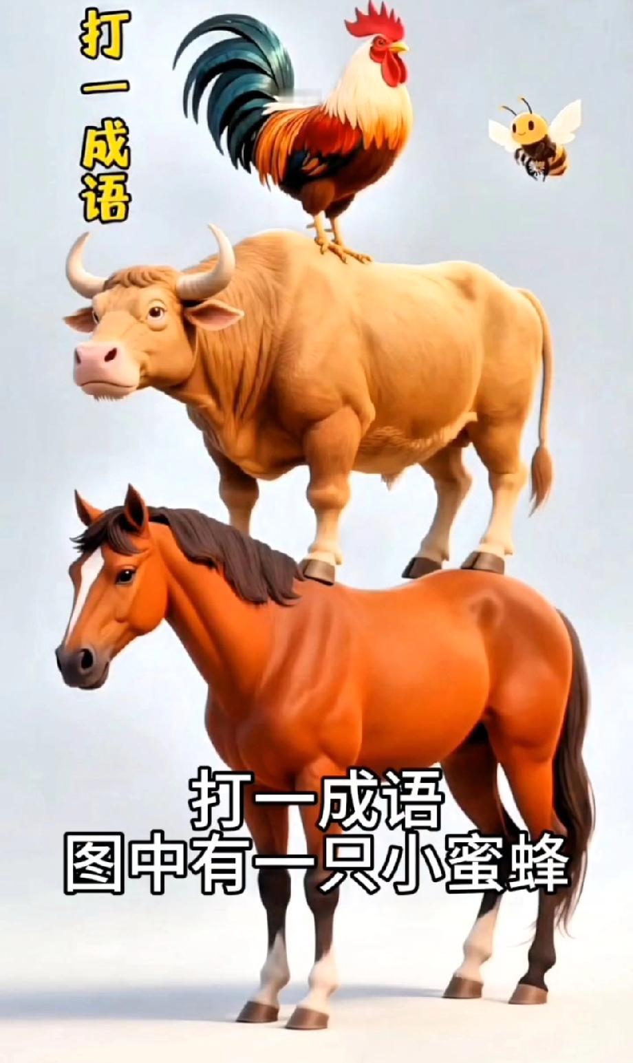全网都在猜的看图猜成语，马上面是牛、牛上是鸡还有蜂，答案绝了！