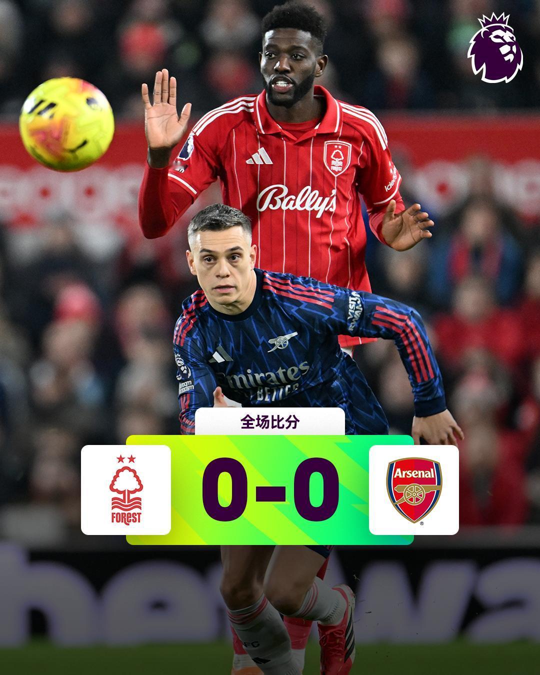 全场比分|诺丁汉森林0-0阿森纳