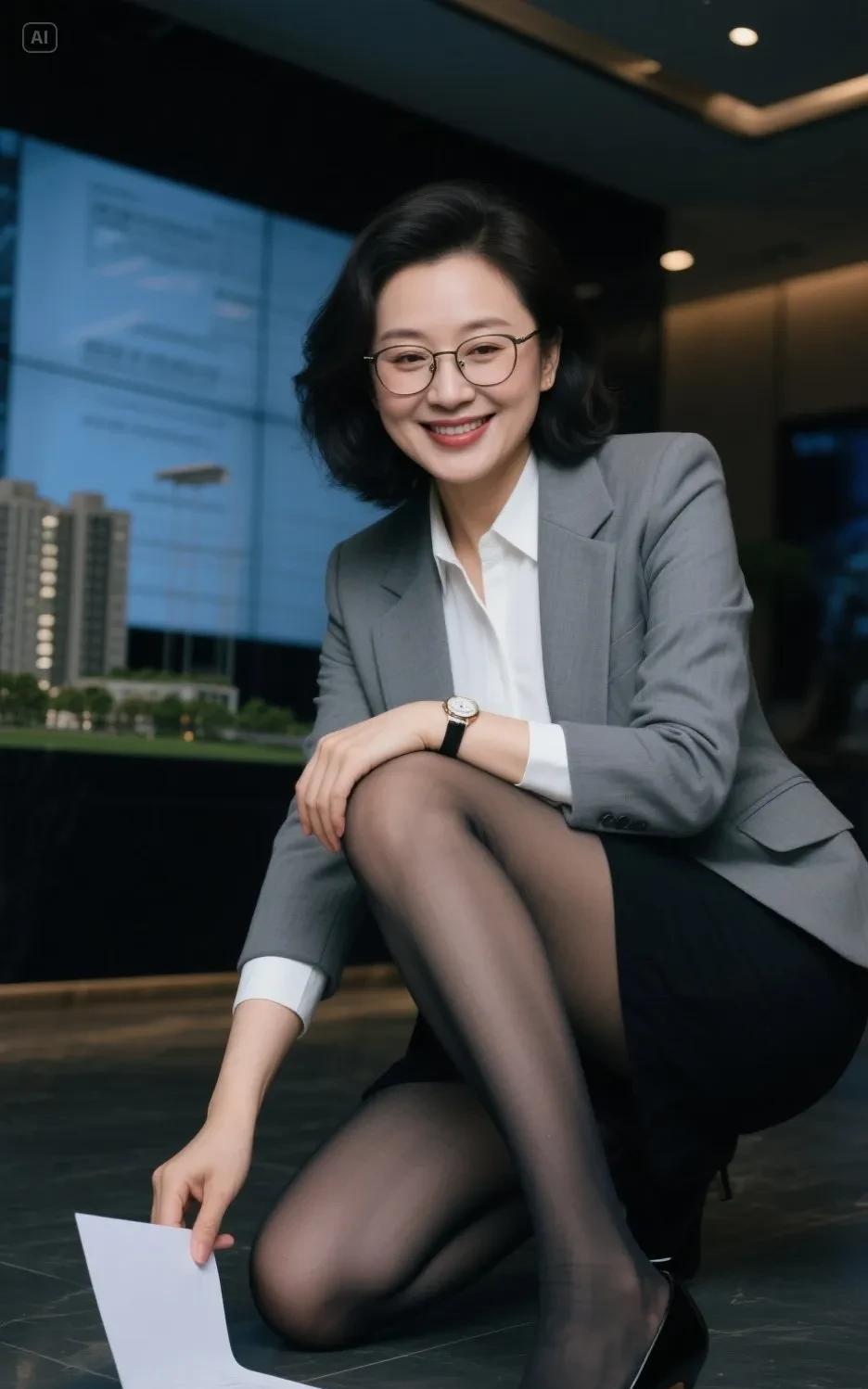 职场女强人，自信微笑，专业风范，黑丝高跟鞋，优雅姿态，成功在握。