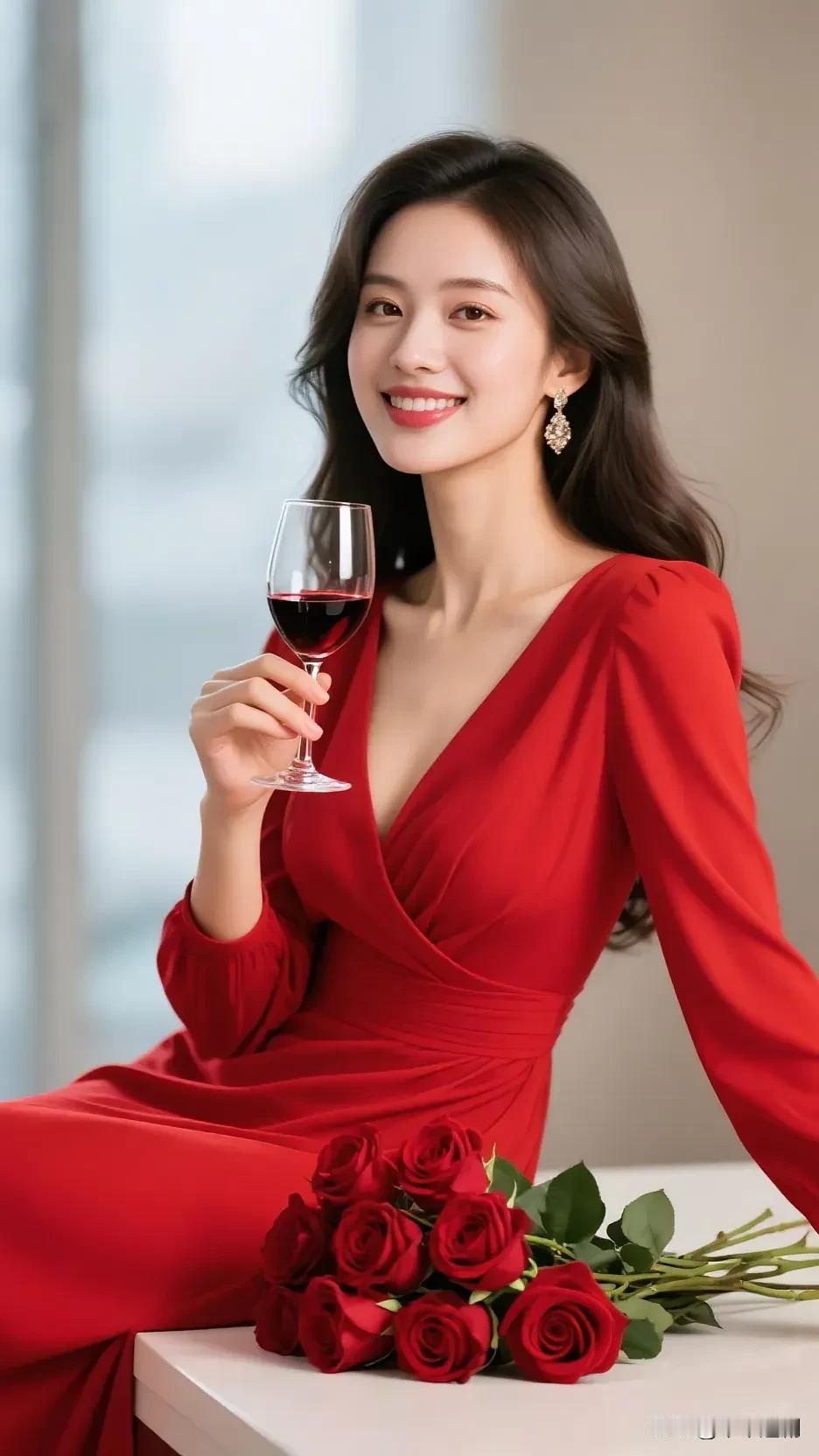 红裙裹着明艳的柔，酒液漾着杯沿的光，玫瑰簇里浸开的笑，连空气都漫着恰好的热烈与温