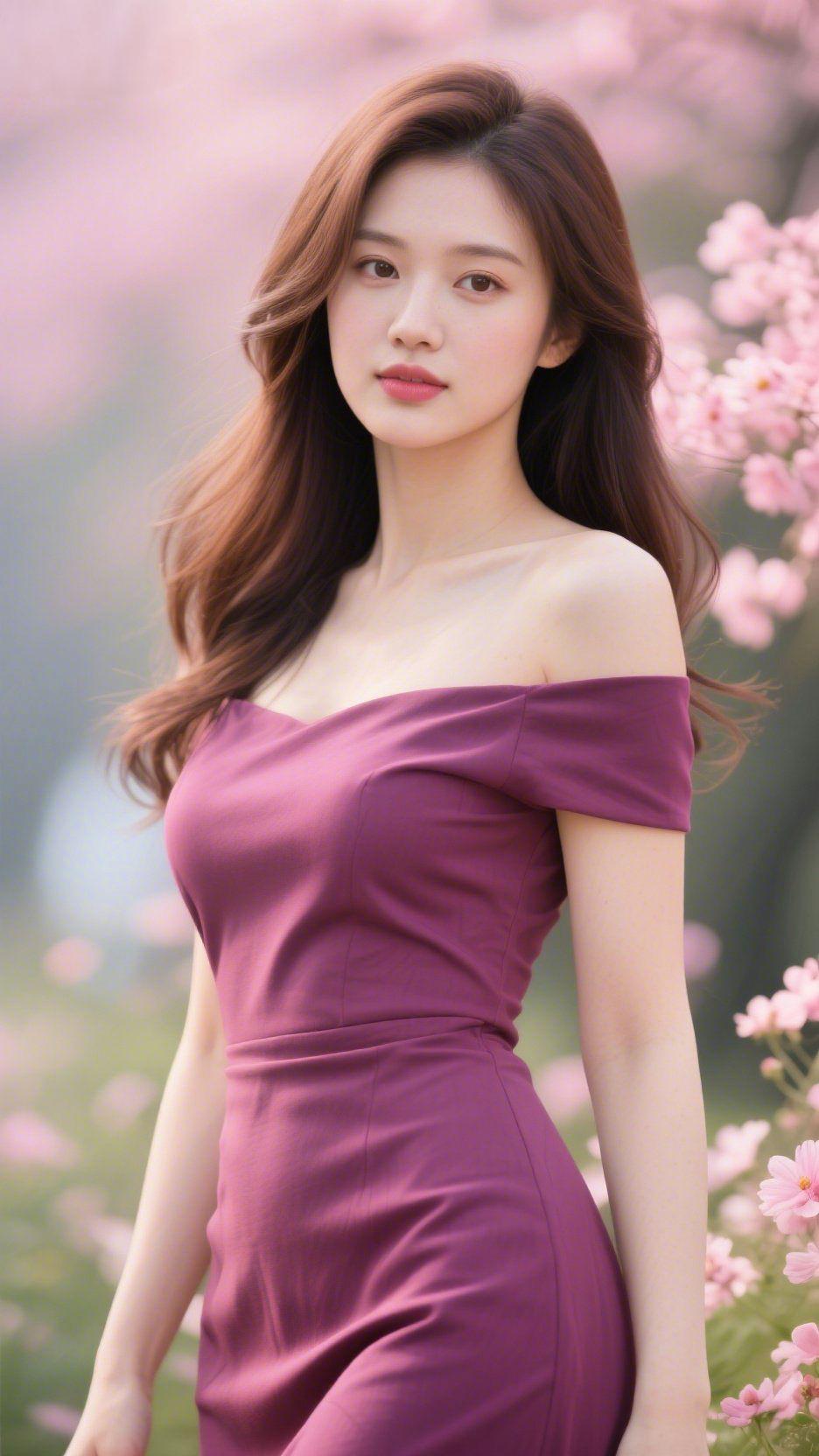 《春樱畔的紫衣轻扬》风裹着樱花的淡香漫过肩头时，她正立在花影深处。藕紫色裙