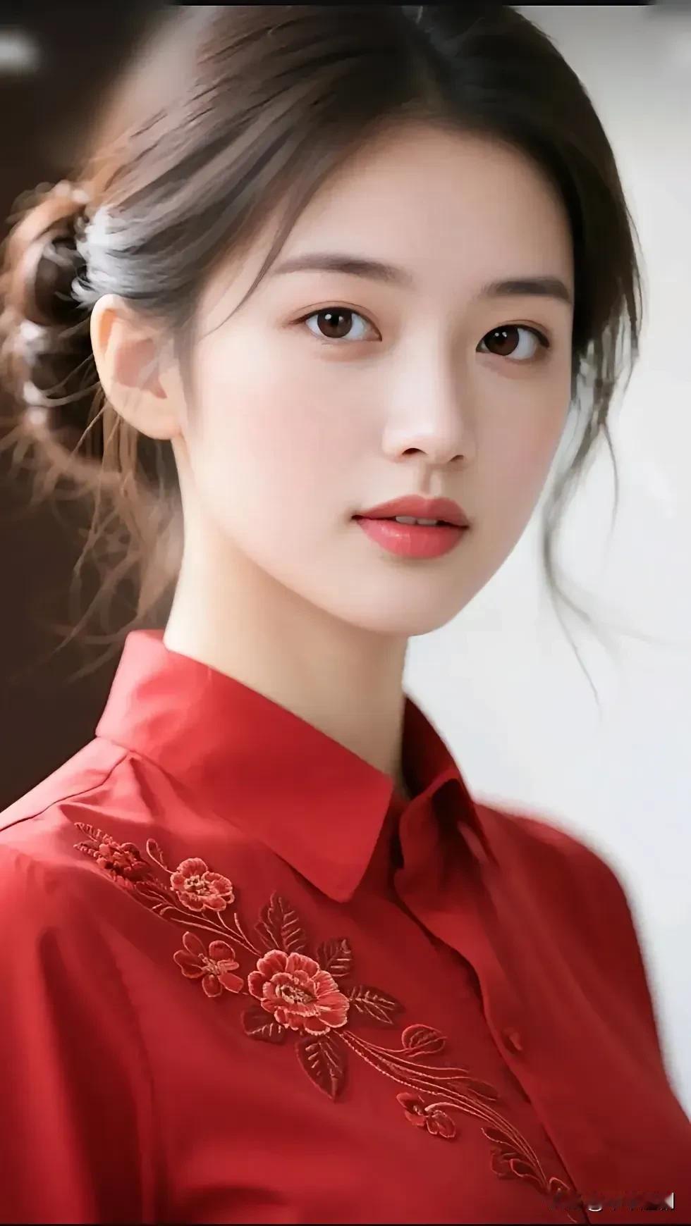 红衫缀绣，鬓发轻挽，柔与艳都落在眉眼的清透里。这抹朱色不是浓烈的灼，是藏在肌理里