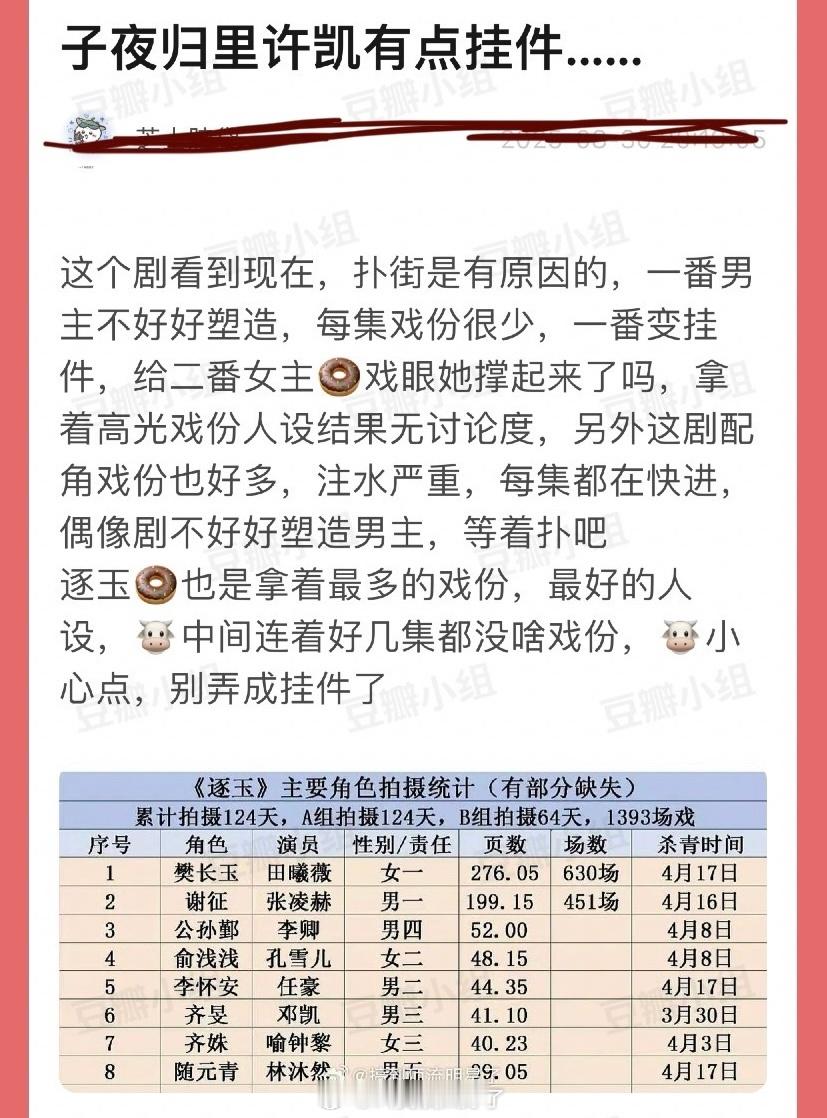 有网友说子夜归扑街是有原因的，不好好塑造一番男主许凯，每集戏份都很少，一番变挂件