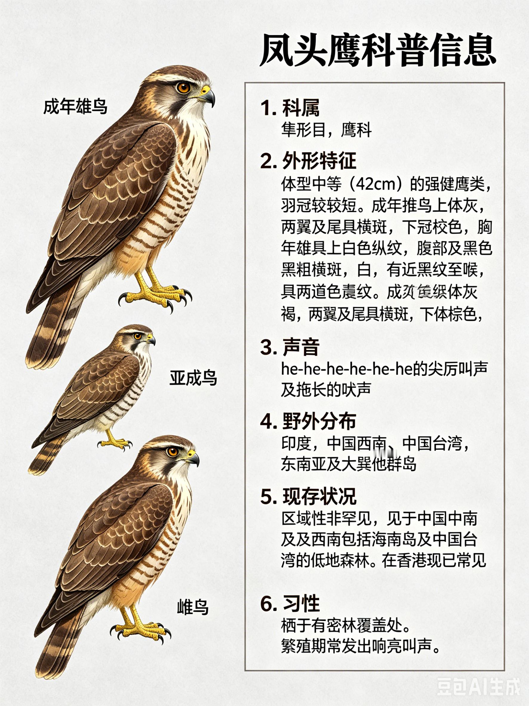 鸟类朋友图鉴凤头鹰·科属：隼形目，鹰科。·外形特征：体型中等（42cm）的强健