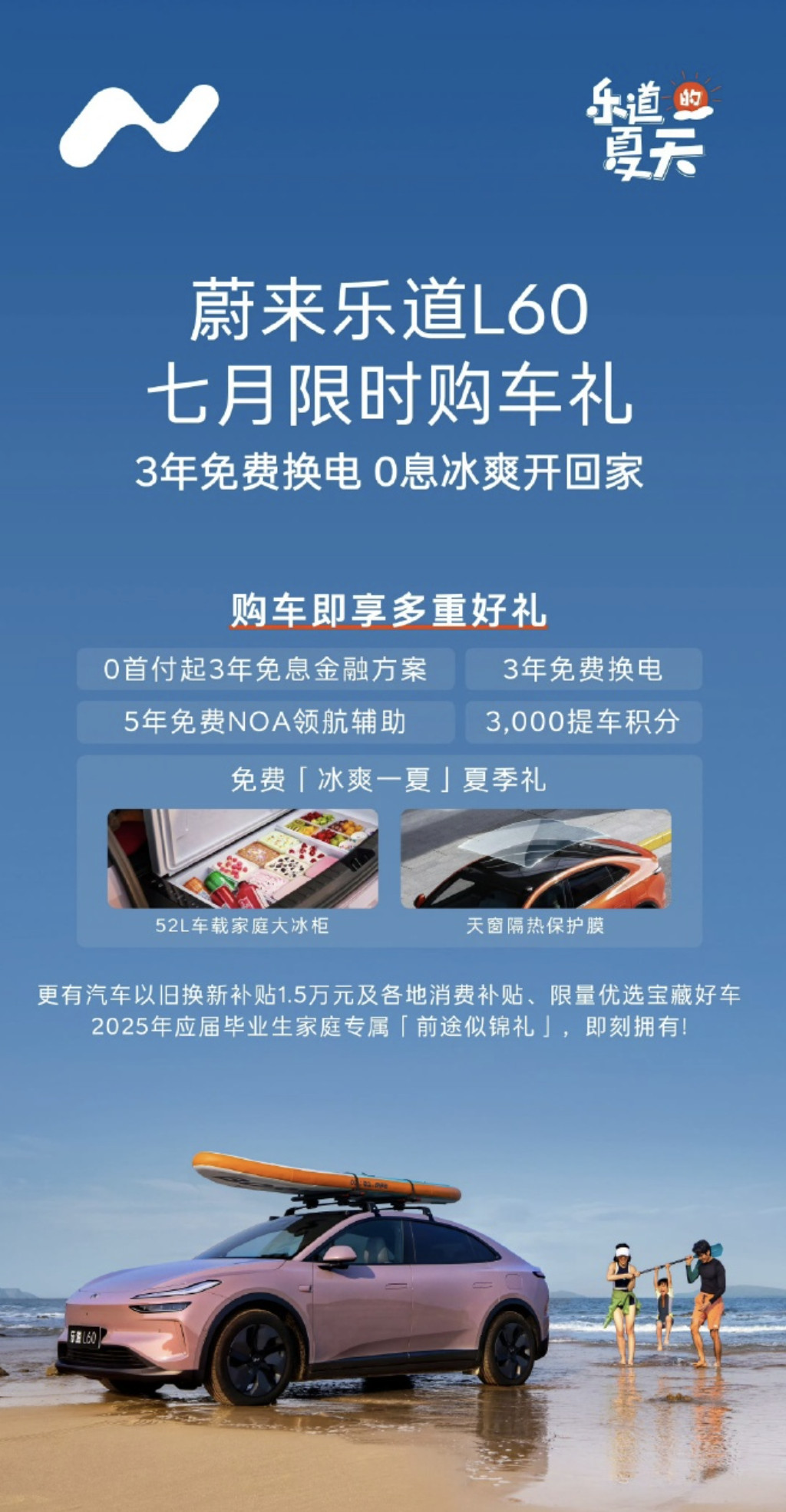 乐道7月份的购车方案：3年免息、3年免费换电、5年免费NOA辅助驾驶，免费52L