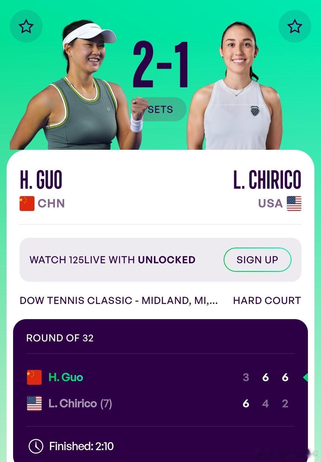 WTA125米德兰站🇺🇸女单第1轮郭涵煜🇨🇳3-6/6-4/6-2逆转战