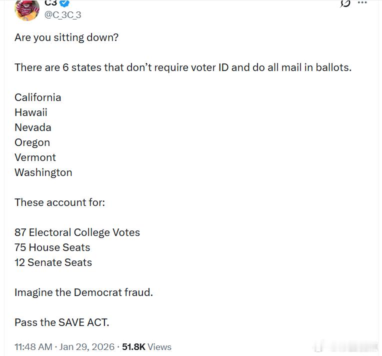 有6个州不要求选民出示身份证，并且大规模采用邮寄投票：加利福尼亚夏威夷内华达俄勒