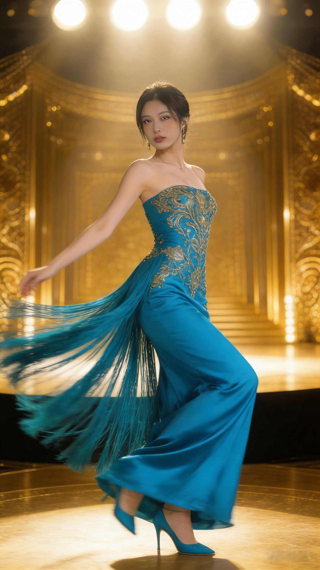 惊艳的蓝裙舞者，金光闪耀的舞台，梦幻般的氛围！梦幻蓝裙仙女照梦幻蓝裙蓝
