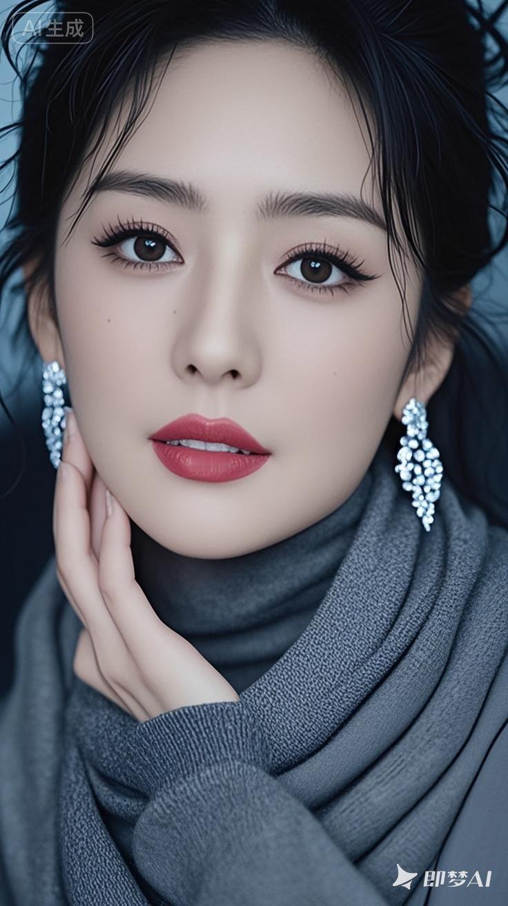 冷艳黑发少女，红唇与银饰的完美碰撞，尽显优雅与神秘。