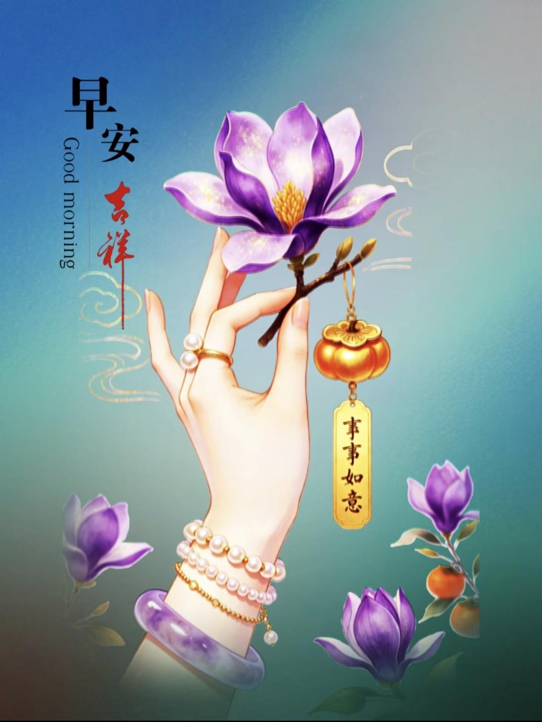 ​早安吉祥！紫玉兰在握，红柿映枝头，愿你:事事如意，好运连连早安传递正能量绘