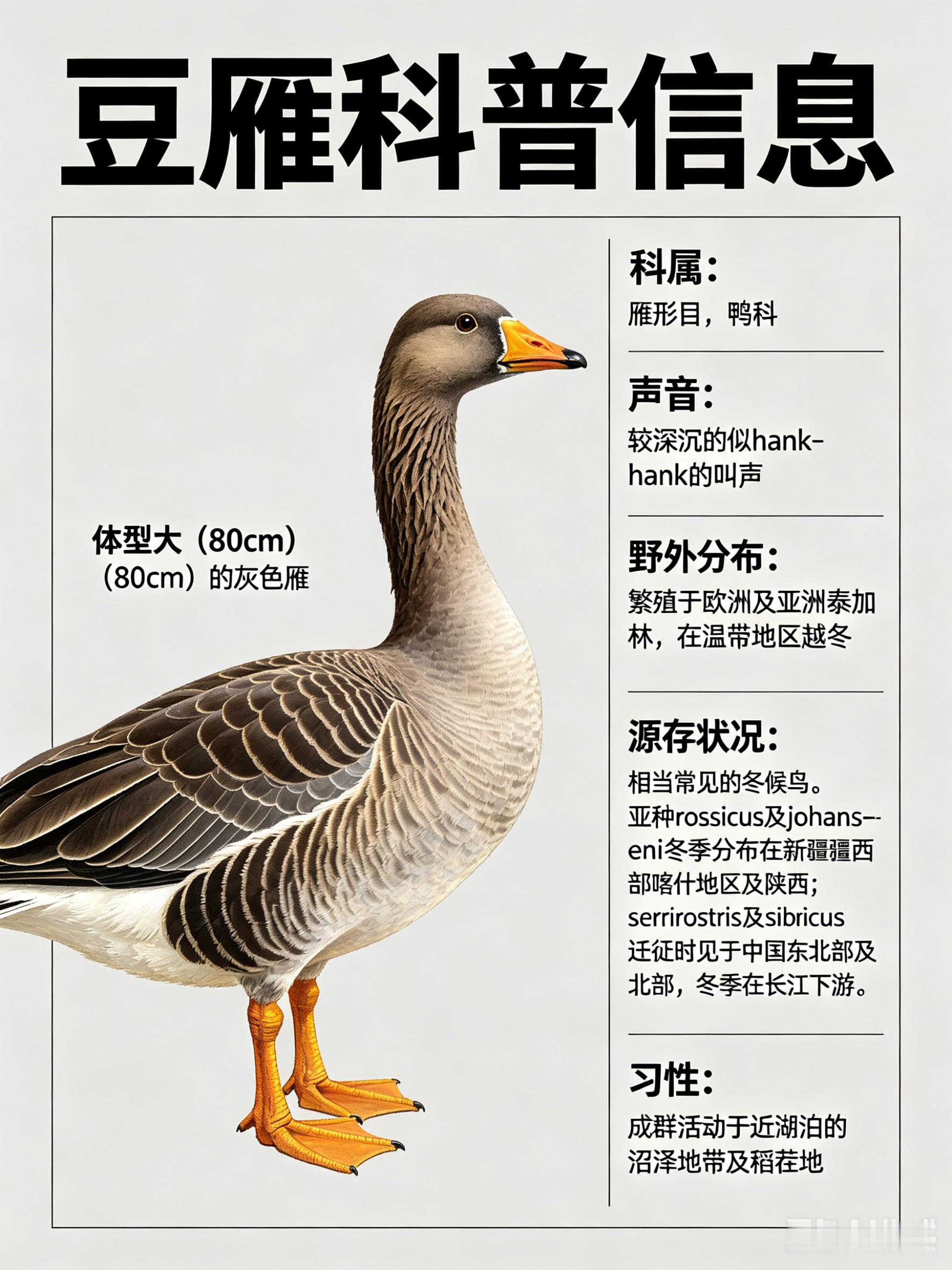 鸟类朋友图鉴豆雁·科属：雁形目，鸭科。·外形特征：体型大（80cm）的灰色雁。