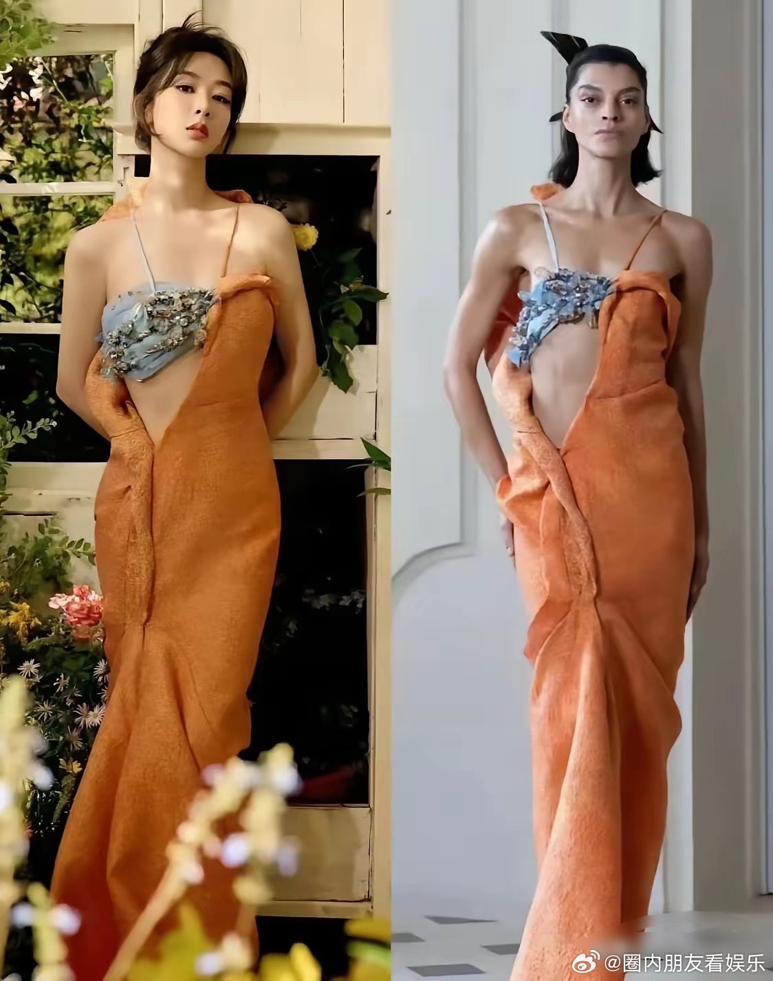 事实证明不是越瘦越好看不对比不知道，杨紫和超模穿同一件高定，身材差距太真实了！图