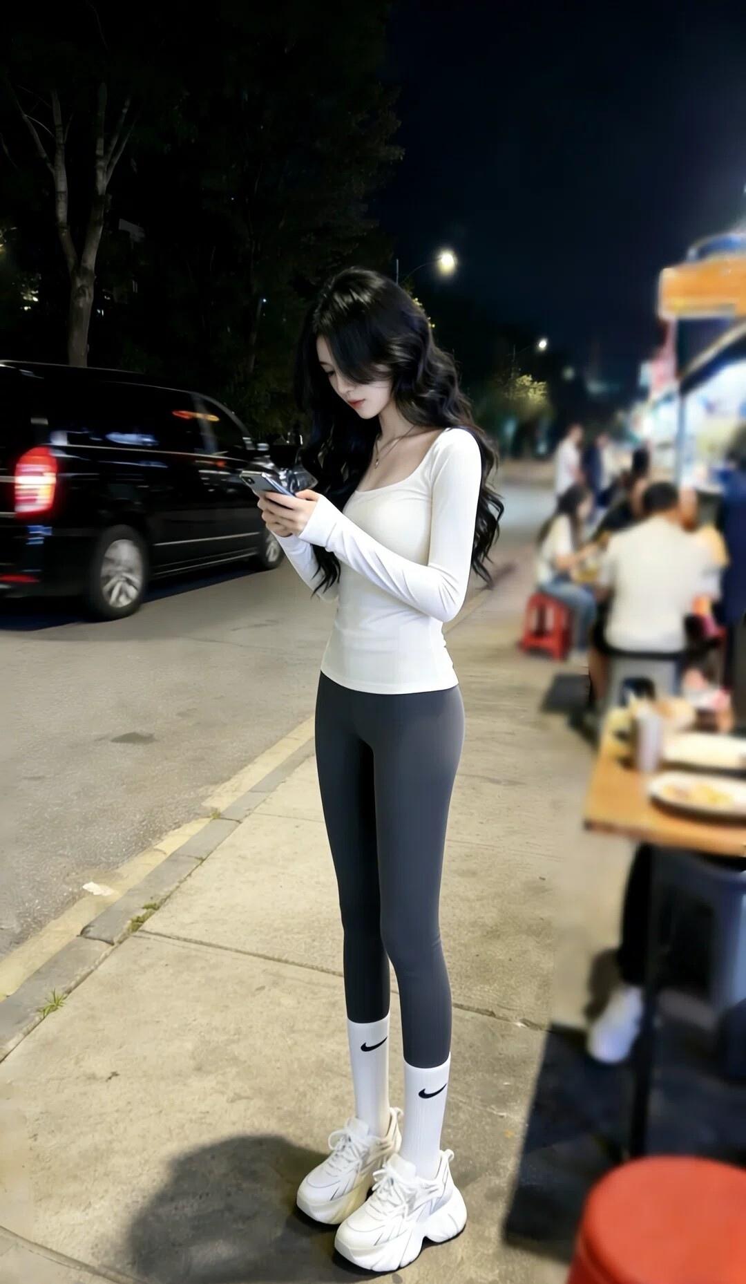 夜晚街头的时尚少女，手机在手，时尚穿搭