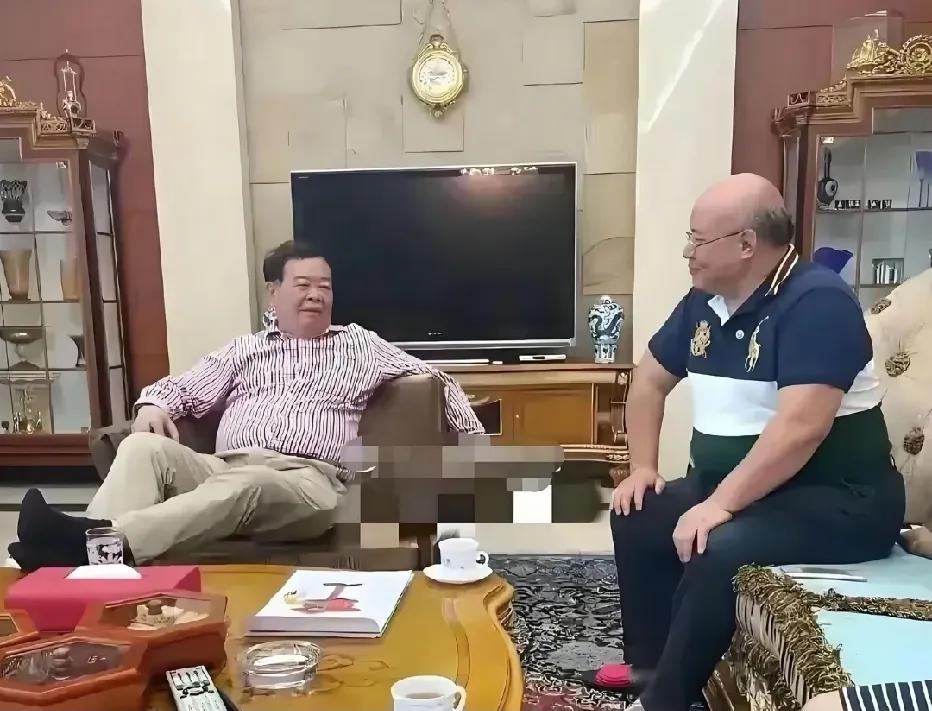 曹德旺在自家豪宅客厅会客时的一幕，斜靠沙发上，双腿放在茶几上松弛随性，曹德旺被大
