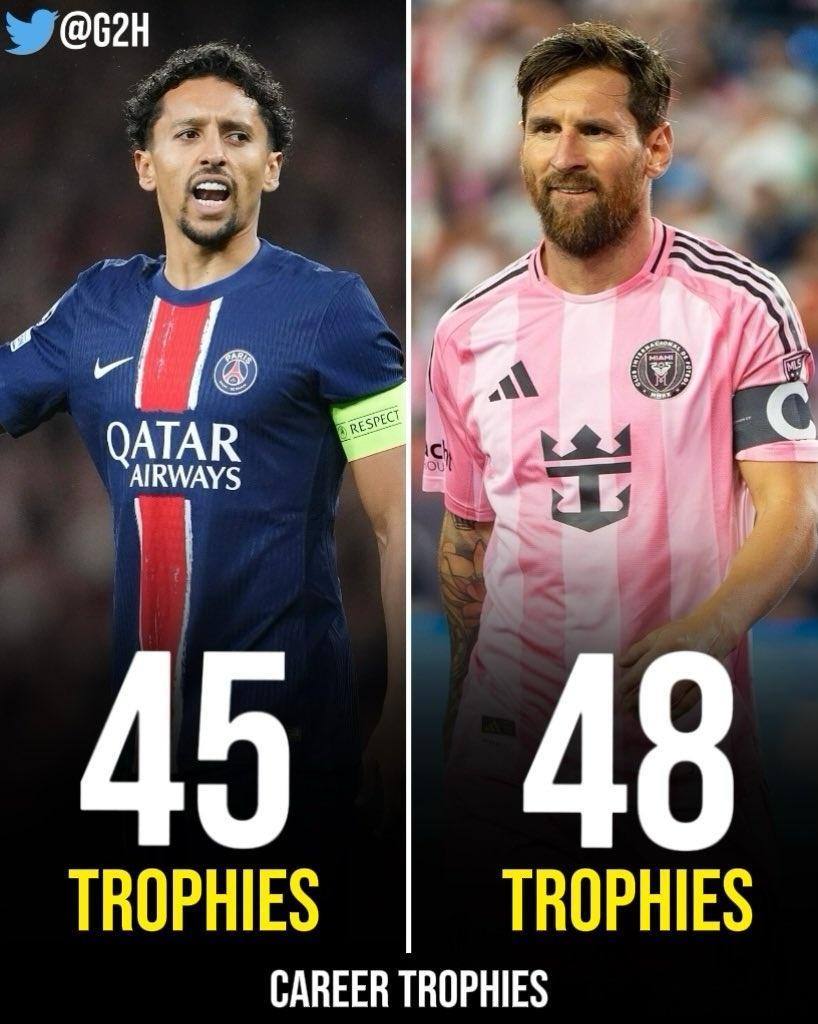 职业生涯奖杯总数：🇧🇷马尔基尼奥斯：45座🏆🇦🇷梅西：48座🏆梅