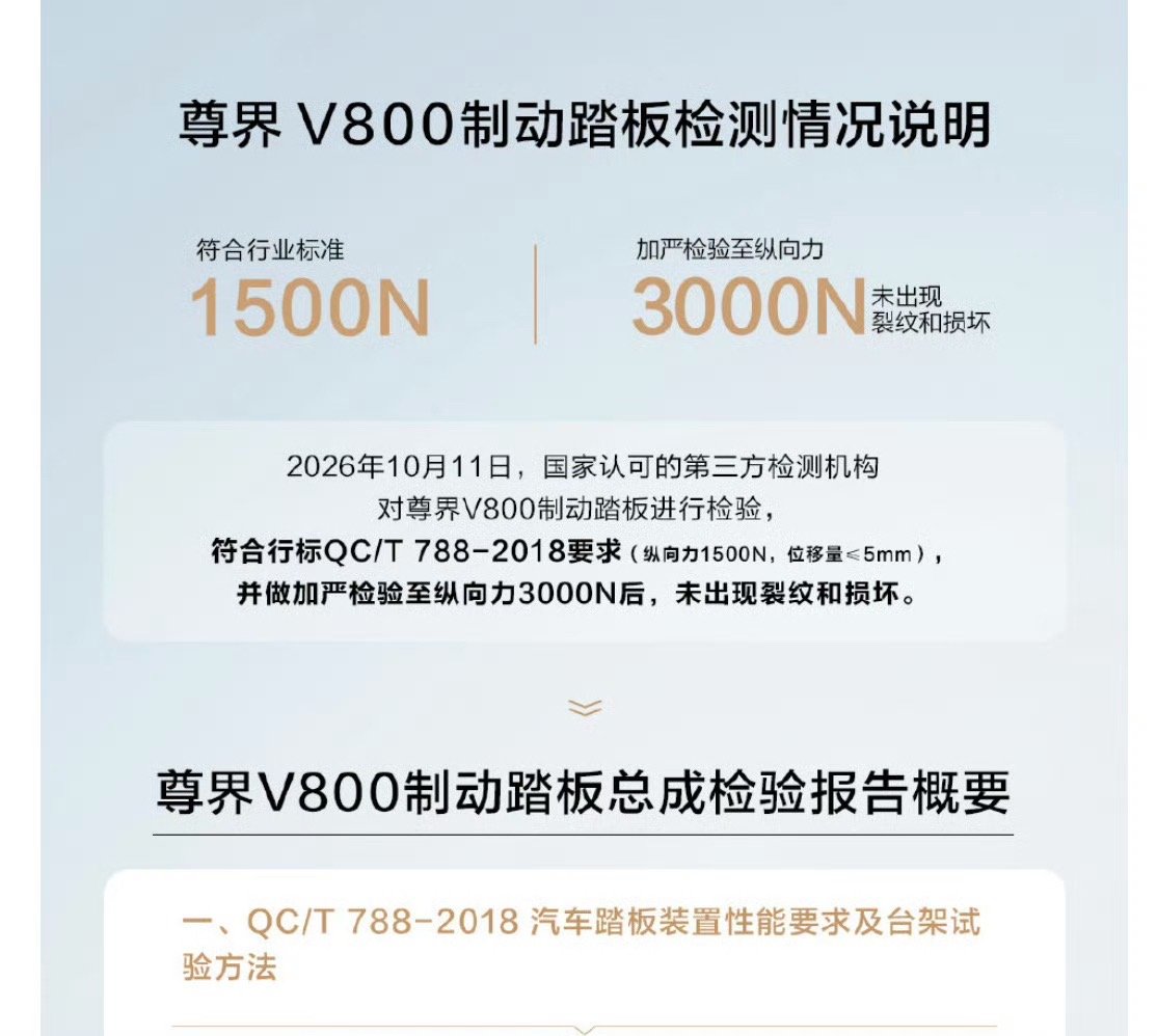 #尊界V800公布制动踏板第三方检测结果#第三方台架测试：踏板通过1500N行业标准测试，加严到30