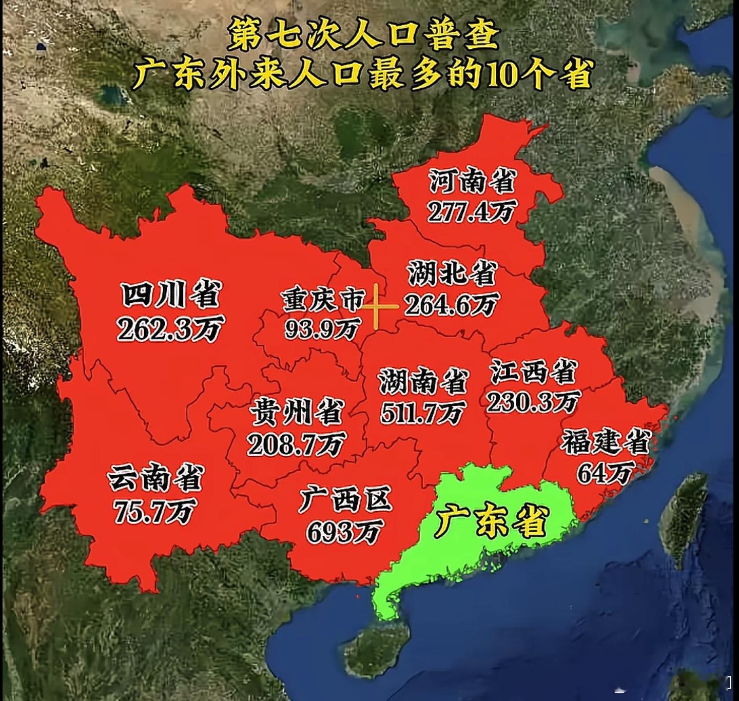 七普数据，广东外来人口最多的十个省市区。​​​