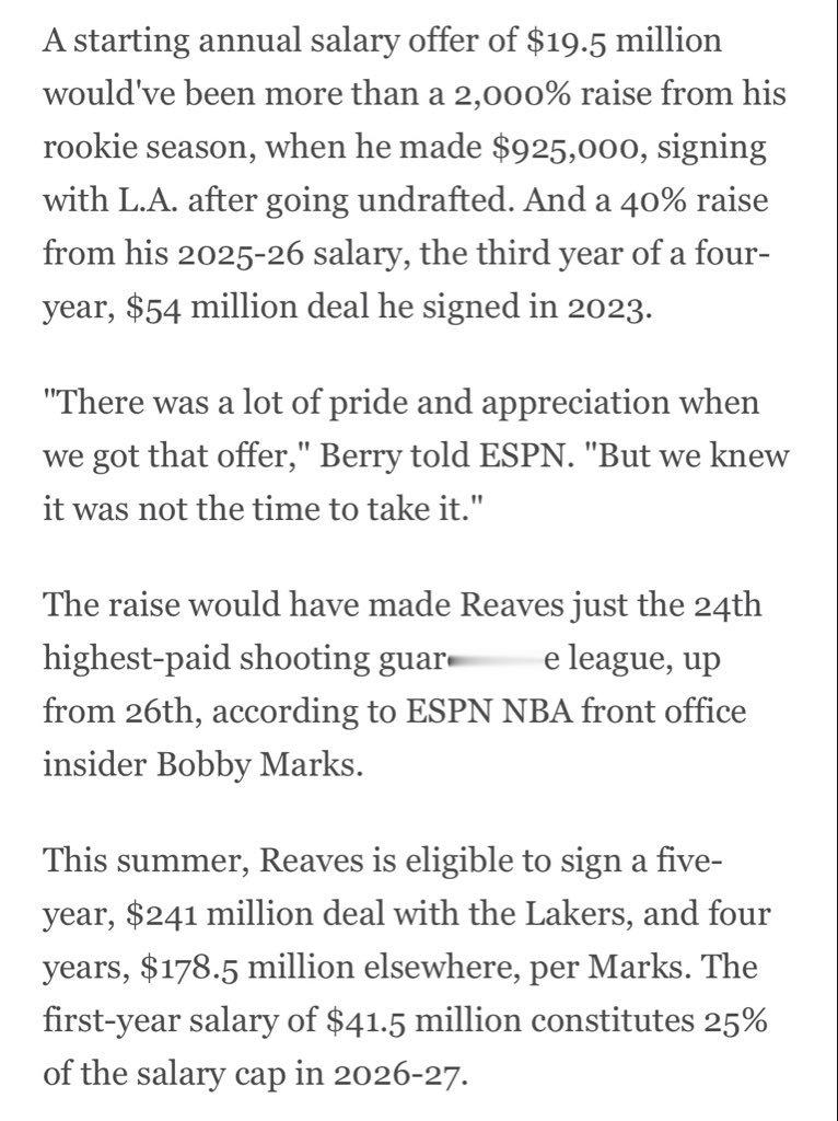 湖人队记DaveMcMenamin撰文报道里夫斯：拒绝高薪续约，专注留队争冠！