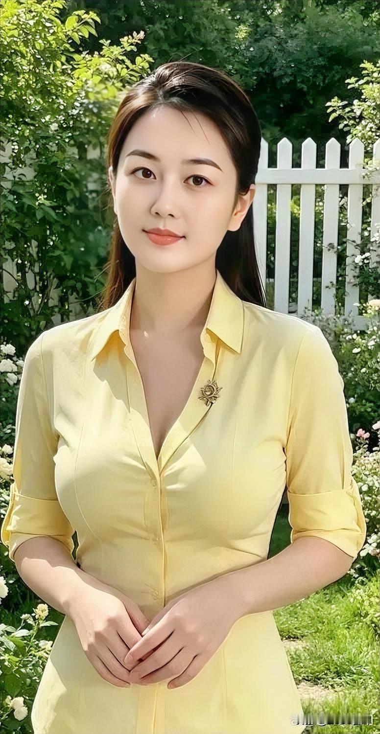 明黄衫染晨曦色，笑倚繁花，温柔正当时。