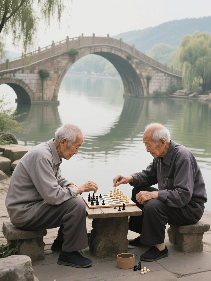 AI妙生图石桥下，流水旁，两位老者对弈。于方寸棋盘，悟岁月悠然，品人生百态~