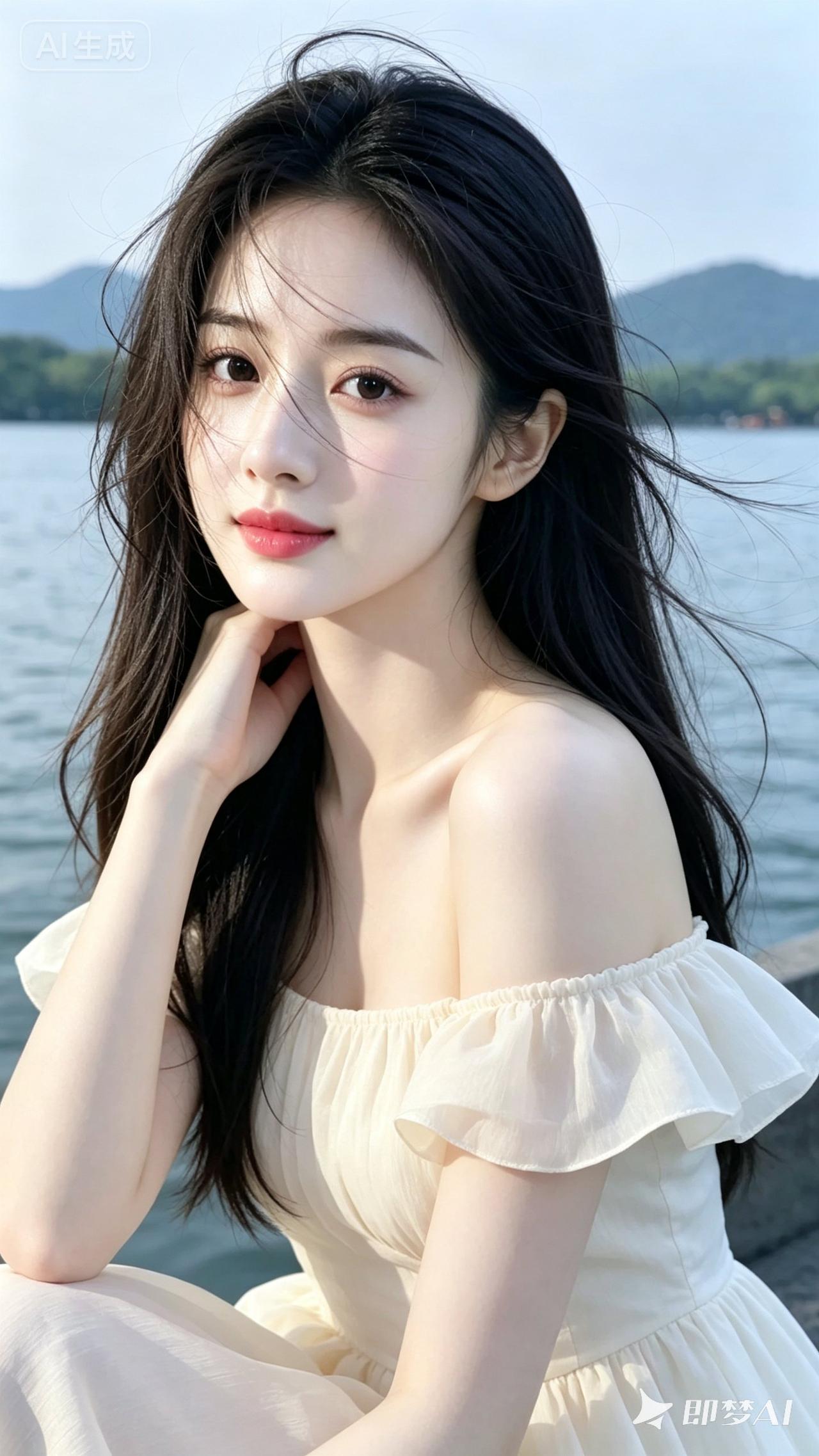 夏日湖畔，少女轻抚发丝，微风拂面，宁静悠然。