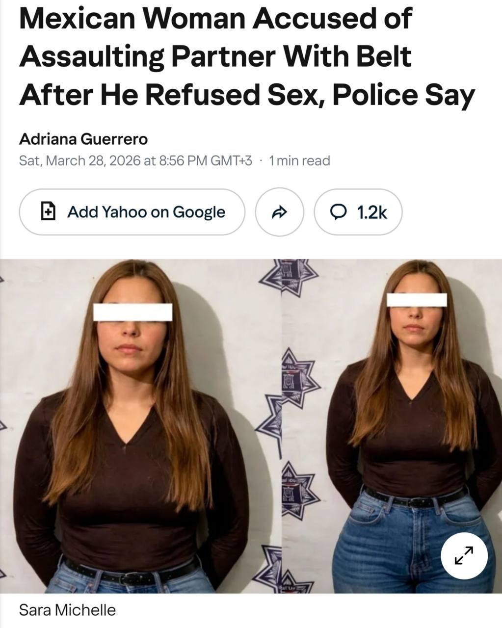 墨西哥25岁女子萨拉·米歇尔，因26岁伴侣拒绝发生性关系，当场用皮带对其疯狂殴打