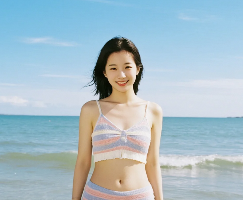 海风轻轻吹过，她的身影美得令人窒息