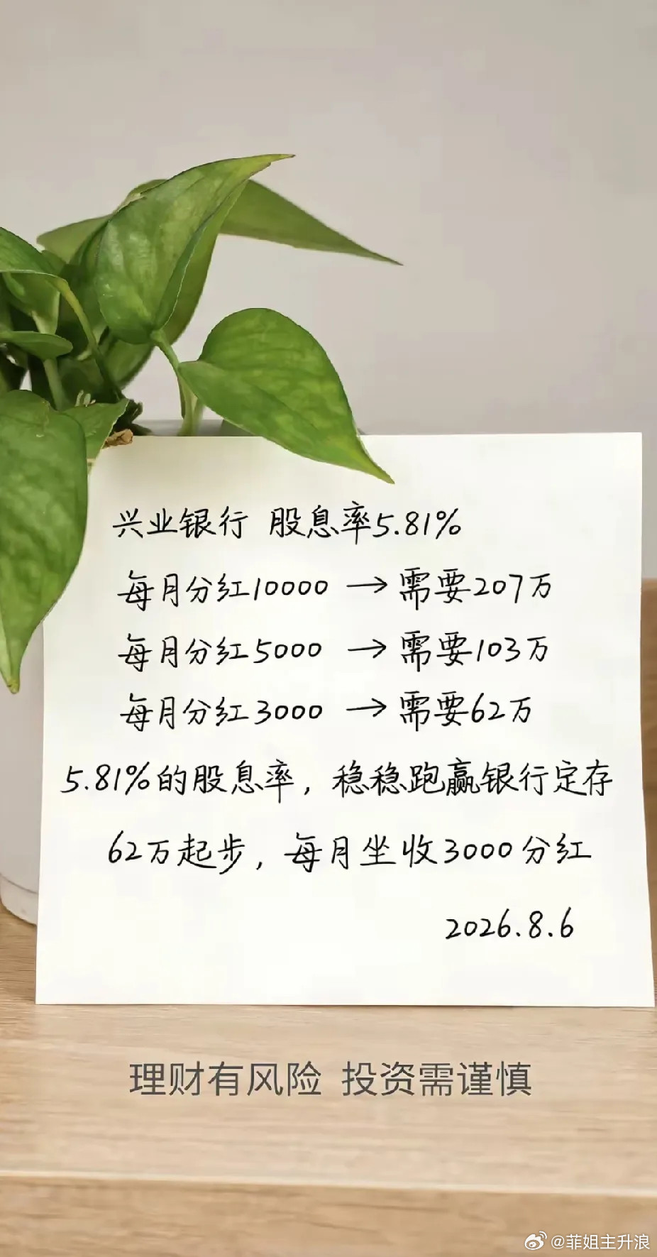 兴业银行买银行股，就相当于拿这笔钱走了后门，买了一个岗位，每一年稳稳的领工资，哪