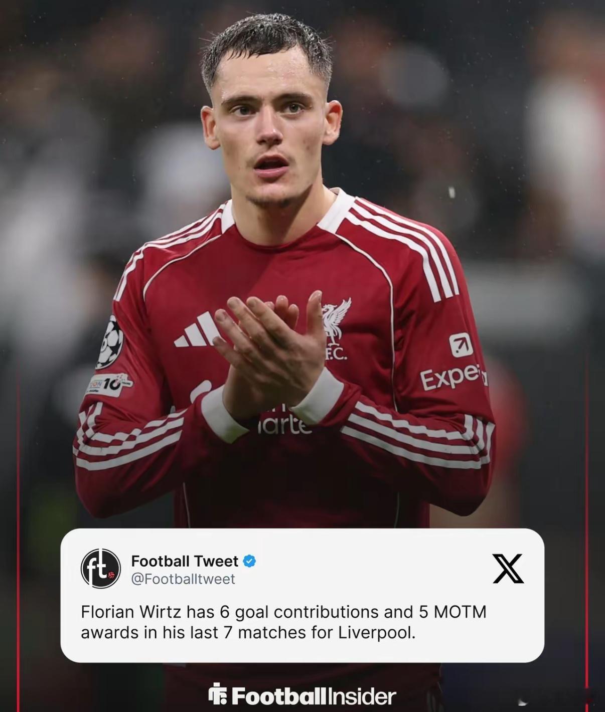 弗洛里安·维尔茨在利物浦彻底找回状态了最近7场比赛，他直接参与6球，同时