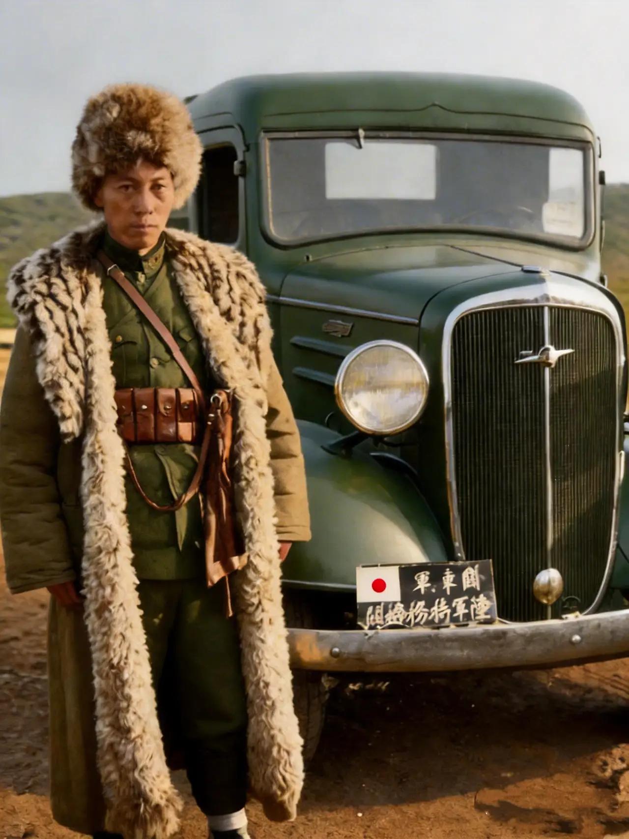 这是1936年12月的绥远前线，一名中国军官站在红格尔图战役中缴获的一辆日军汽车