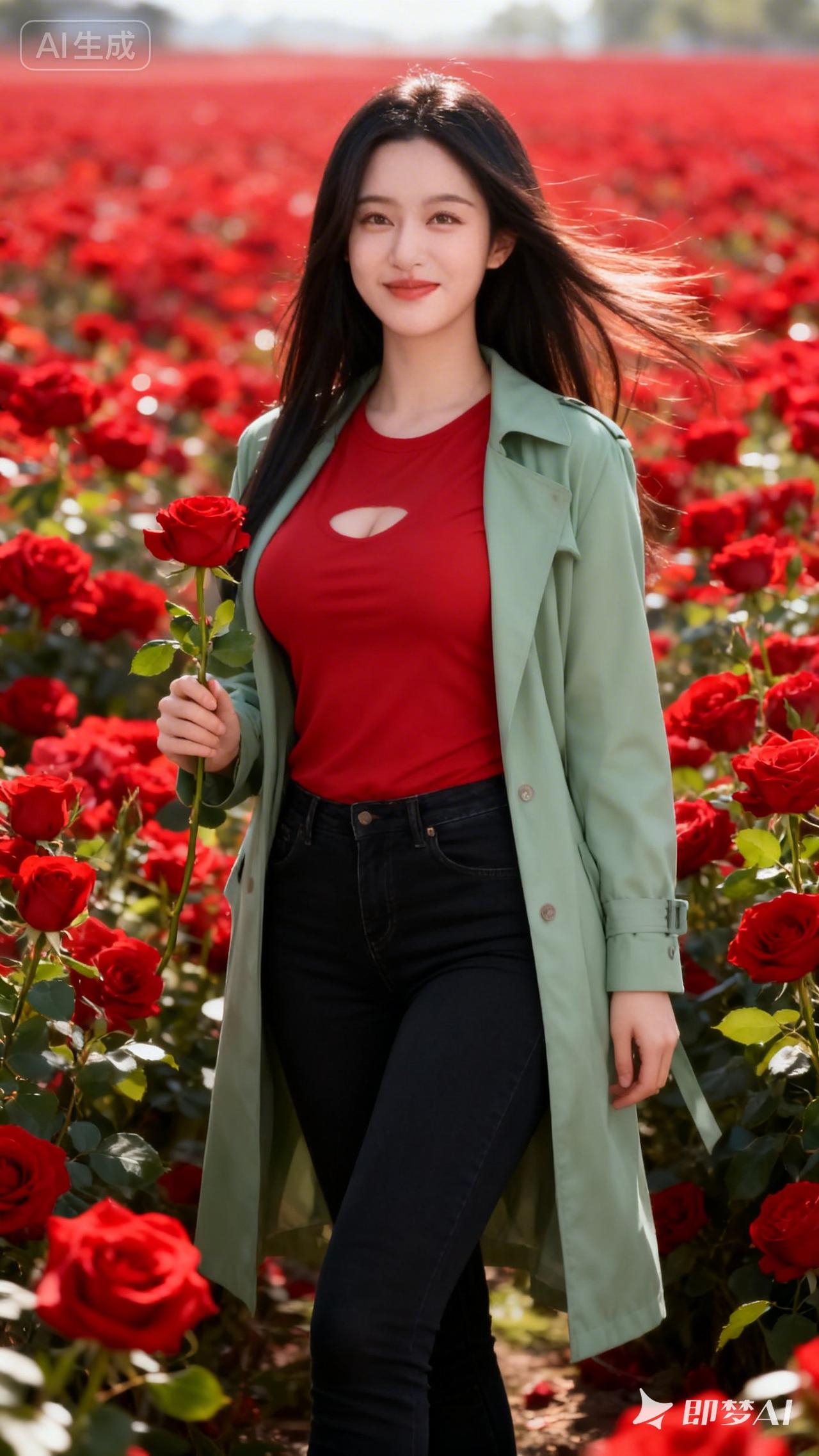 在花海中漫步，手捧一朵红玫瑰，感受自然的美好与浪漫。