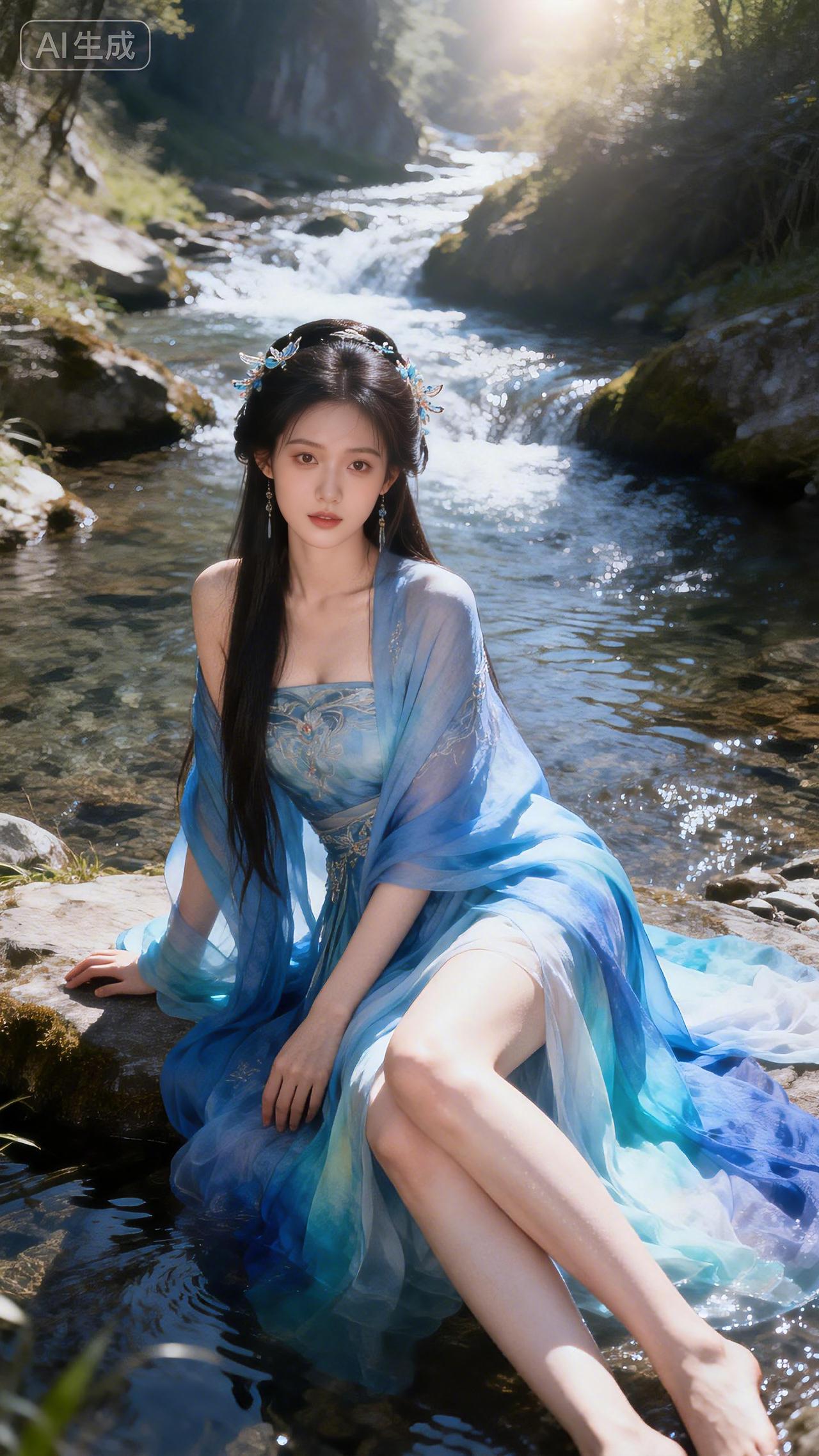 溪流漱玉出空山，纱裙一袭水云间。美图壁纸共享豆包壁纸