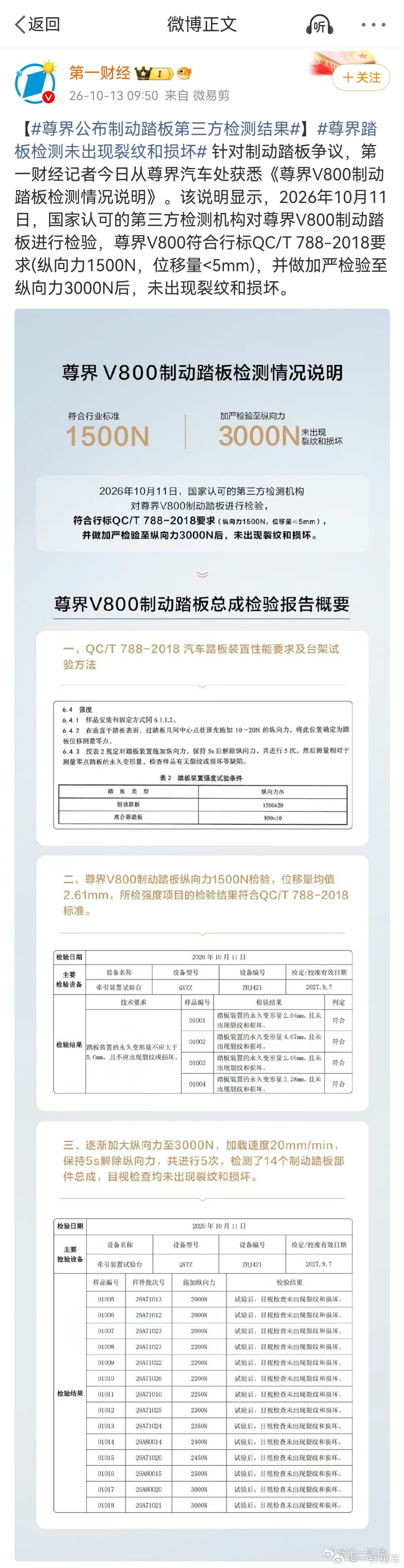 这个报告结果已经确认为真，第一财经等媒体也开始报道了。尊界的制动踏板总成经检测纵