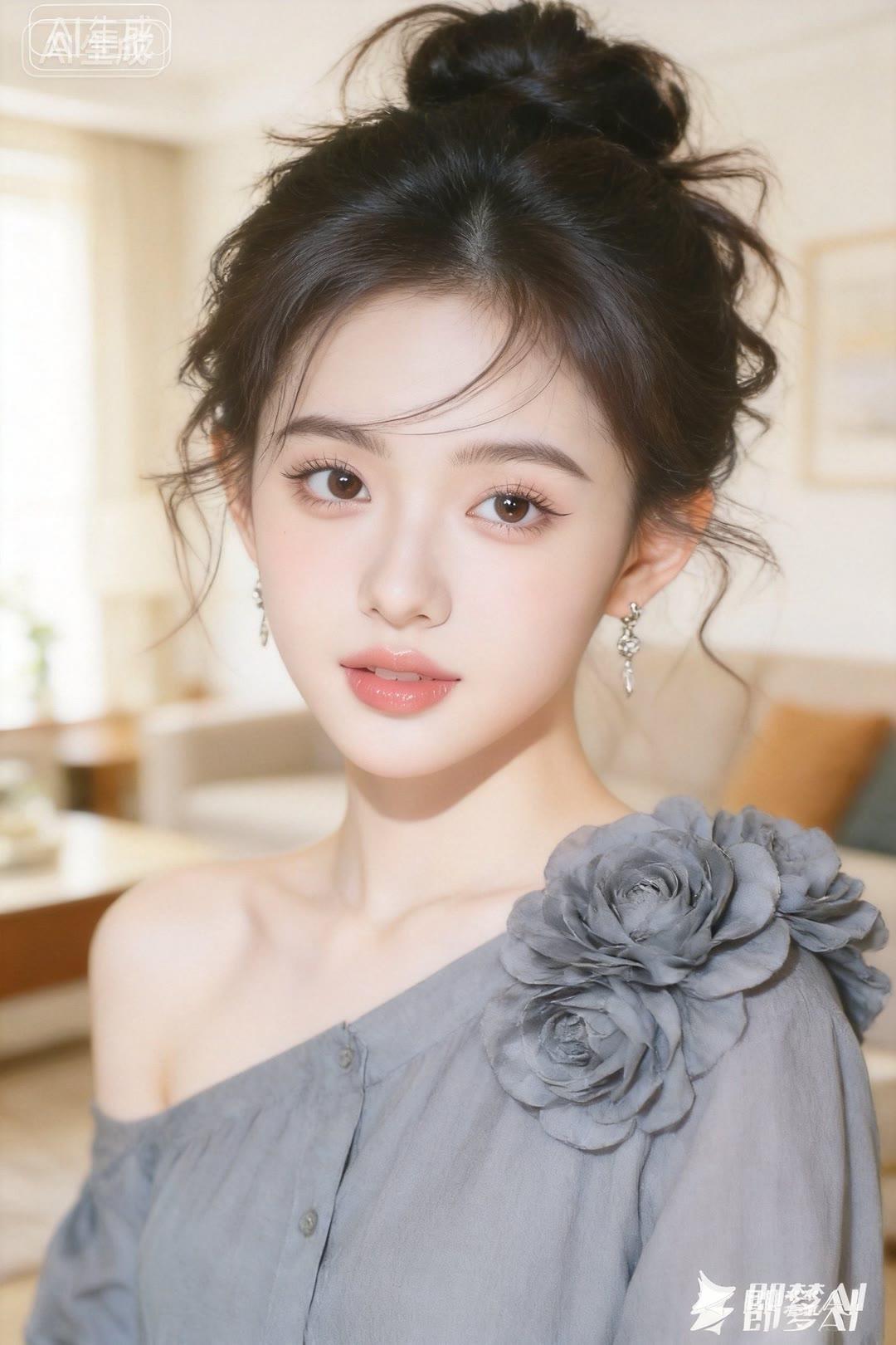 优雅少女风，灰色玫瑰连衣裙，甜美可人！