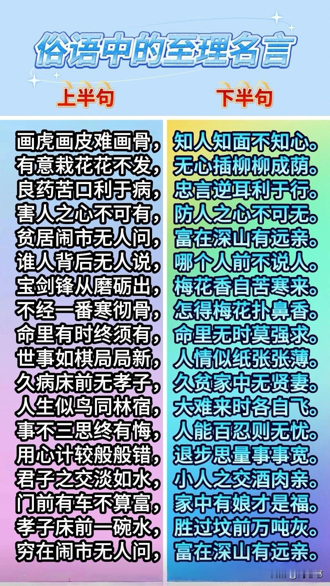 俗语中的至理名言。[祈祷]大家可能对上半句熟悉，对下半句见到的少。处世哲理老话
