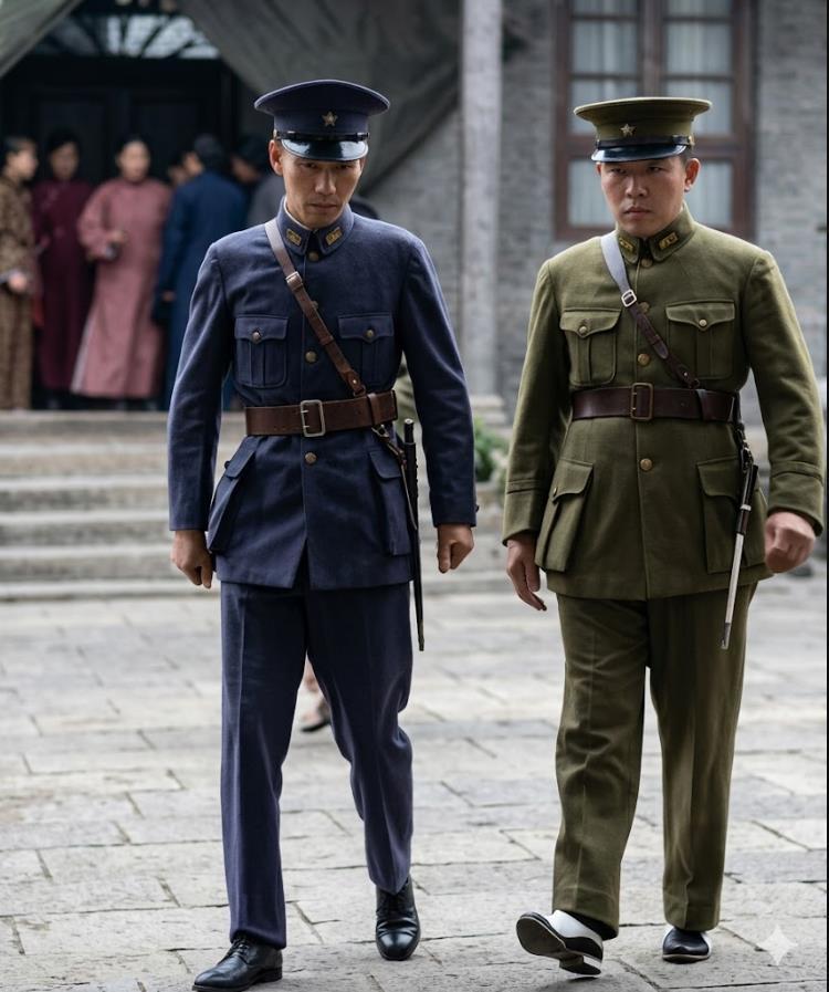 1935年，蒋介石与张学良同行，左侧是蒋介石，右侧是张学良，两人身着笔挺的军装并