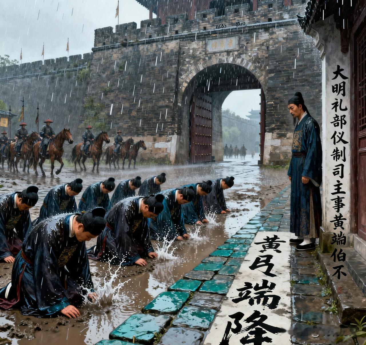 1645年6月8日，钱谦益等南明高官在滂沱大雨中打开南京城门，跪迎多铎入城，满朝