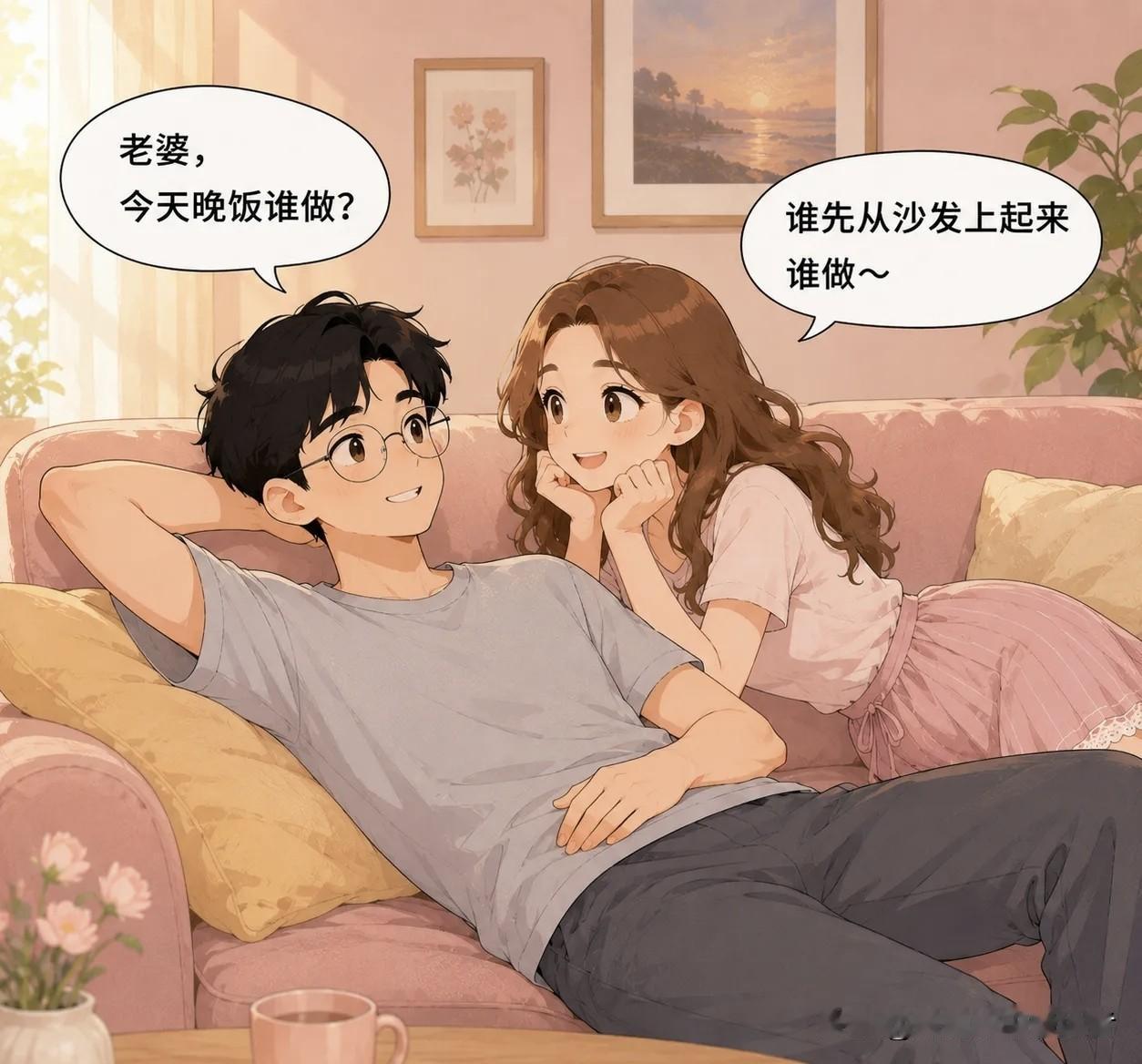 趣味漫画：为了不做饭，夫妻在沙发上躺平十分钟。老公打破沉默的第一句话，让老婆直接