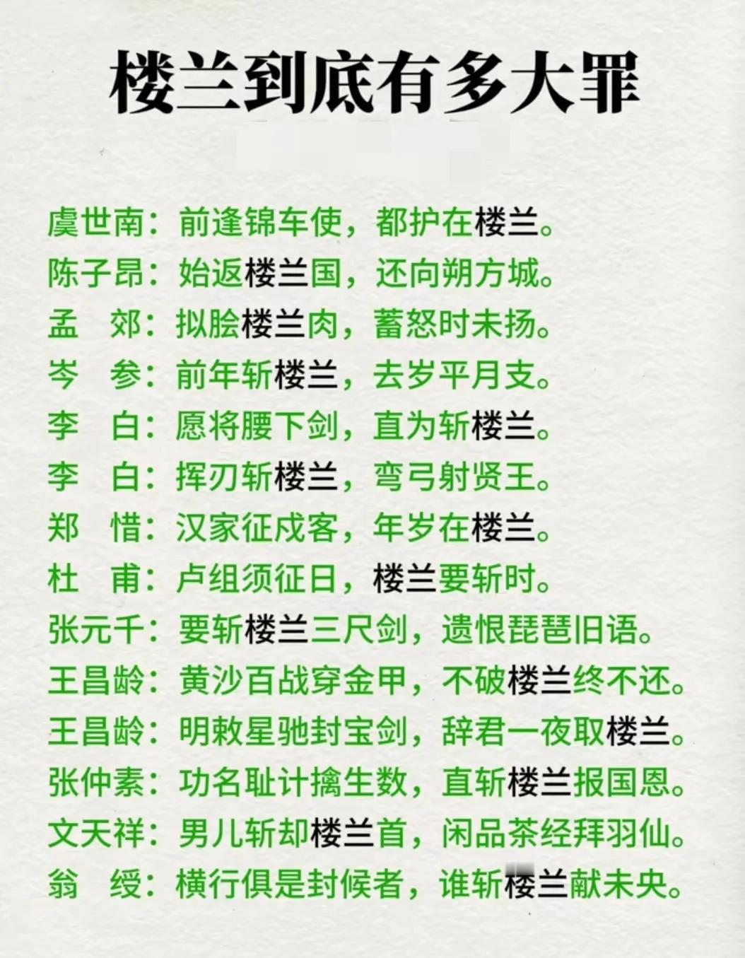 楼兰只是得罪了汉朝，就在古诗里被“斩”了千年。下面的诗词可以看到，诗人们一抒
