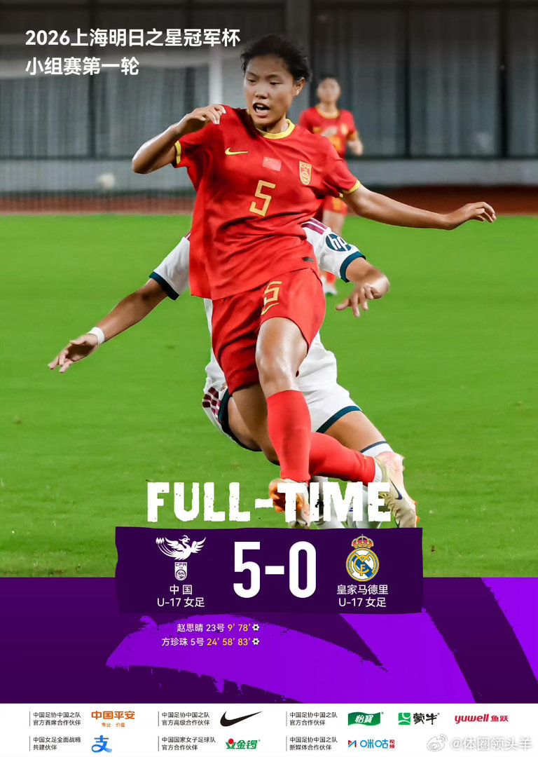中国U17女足三连胜晋级方珍珠射门中柱并多次制造威胁，中国U17女足3比0击败