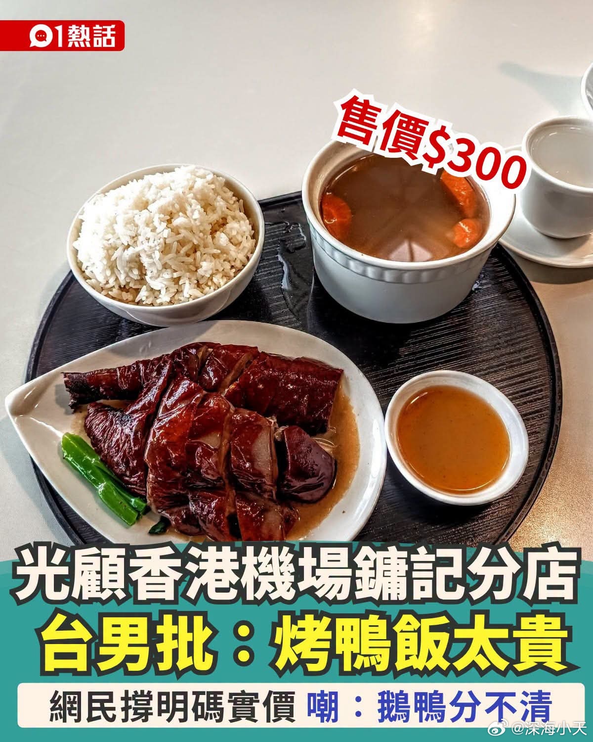 台男批香港机场300元一份“烤鸭饭”太贵，网民反击：指鹅为鸭香港01报道，一台男