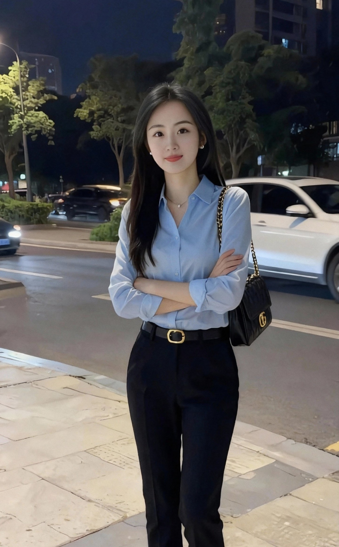 都市夜景下的优雅女性，时尚穿搭，自信满满！