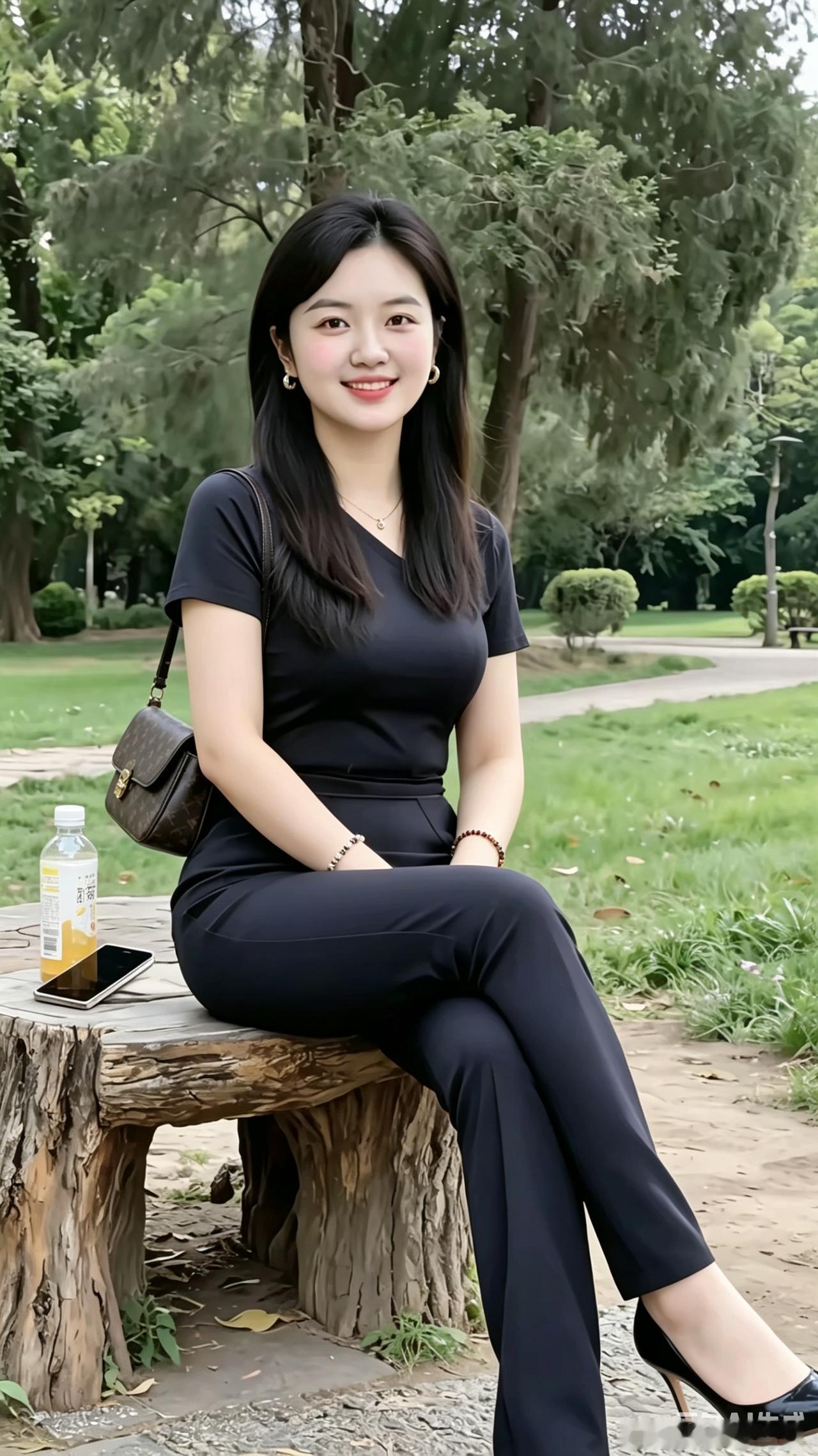 新程闲韵翠荫层叠绕林隅，静倚荒墩意自抒。玄服凝姿含雅韵，明眸含笑显清姝。